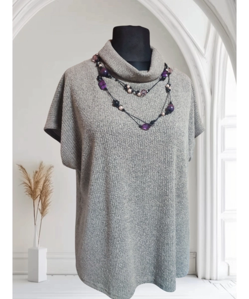 Sweterek Kimono damski z golfem - dzianina szary prążek